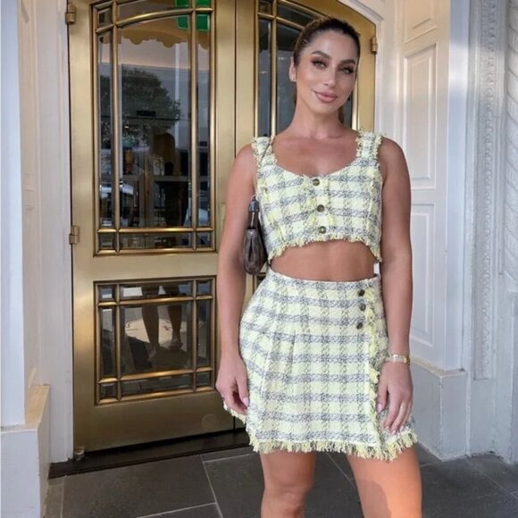 Zara SET Textured Tweed Plaid Crop Top + Skirt Yellow Black Size XS - Picture 4 of 15